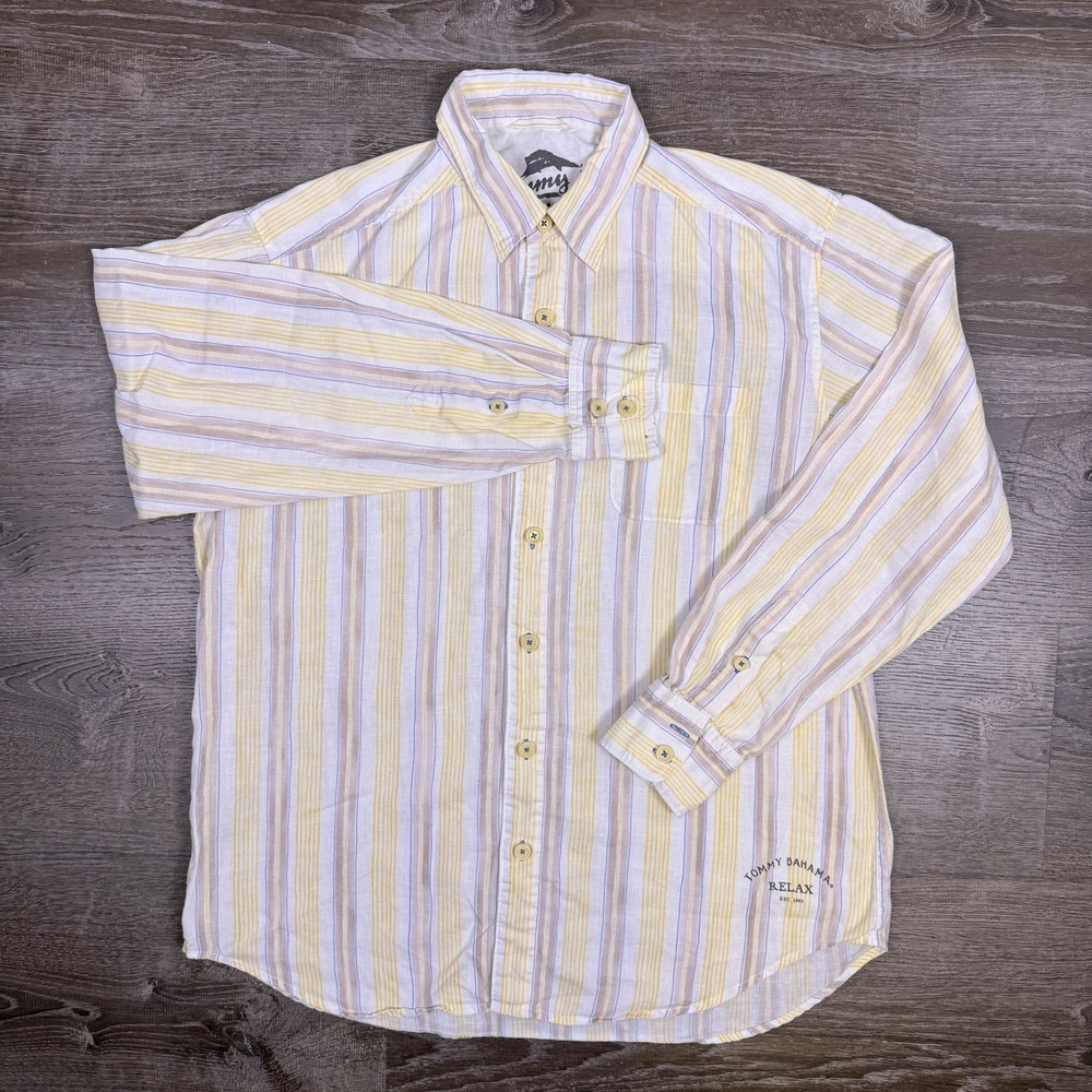 Tommy Bahama Relax‎ Button Up Shirt Mens Medium Yellow Striped 100% Linen